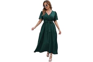 KOJOOIN Women Plus Size V Neck Wrap Maxi Dress Short Sleeves High Waist Ruffle Summer Casual Dress with Belt