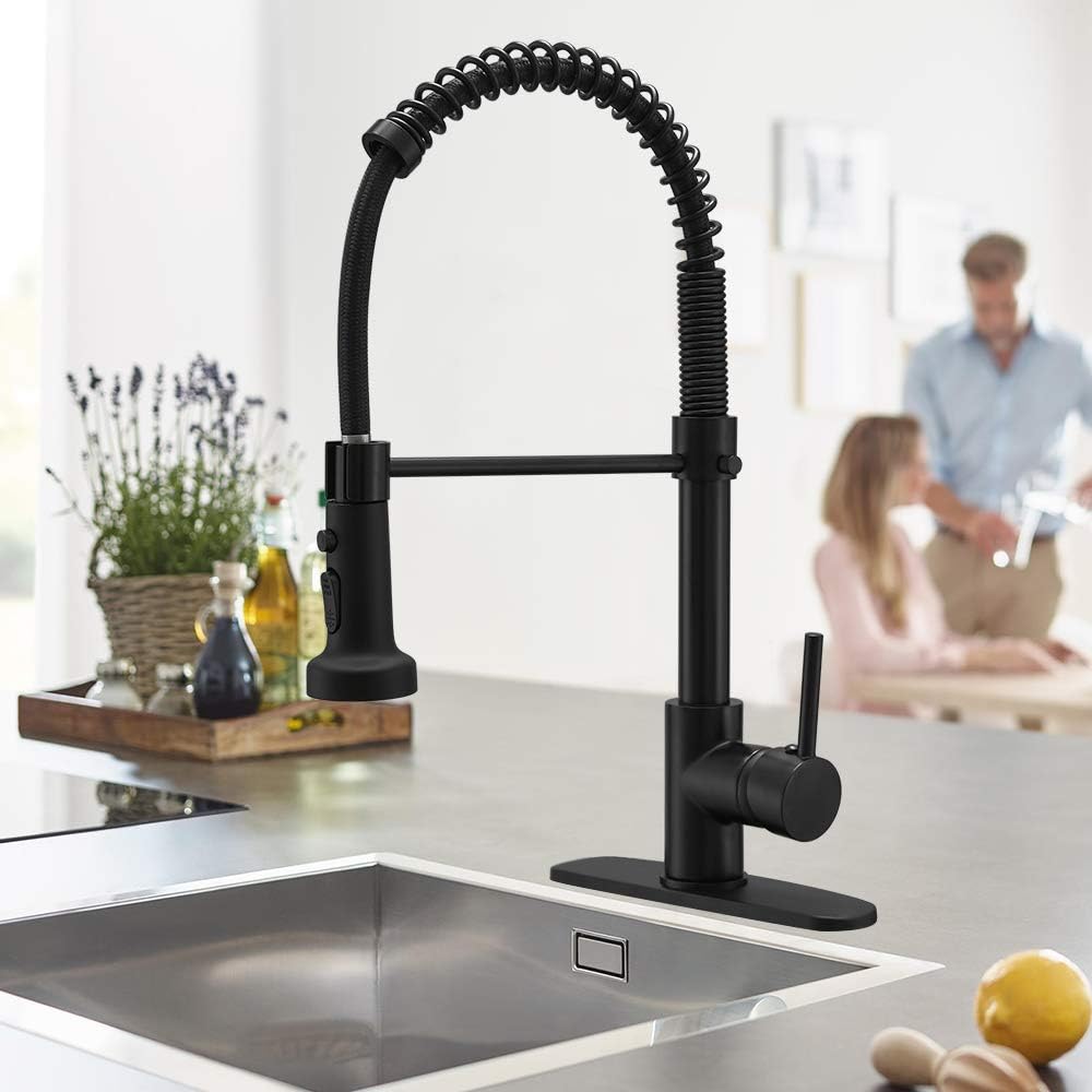 BESy Commercial Kitchen Faucet with Pull Down Sprayer, High-Arc Single Handle Single Lever Spring Rv Kitchen Sink Faucet with Pull Out Sprayer, 3 Function Laundry Faucet, Matte Black - - 