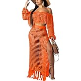 ECHOINE Women Sexy Two Piece Skirt Set - Tassel Hollow Out Off Shoulder High Split Cover Up Bikini Beach Dresses