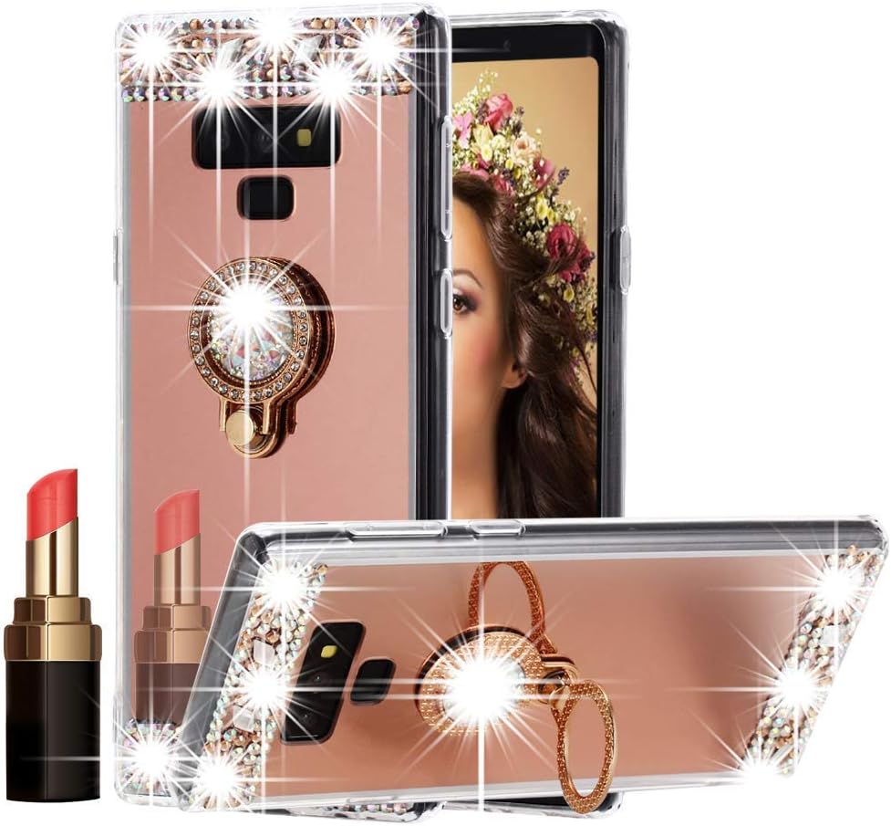 Galaxy Note 9 Case Mirror, Miniko(TM) 3D Luxury Bling Glitter Diamond Crystal Ring Holder Stand Kickstand Mirror Phone Case Cover for Samsung Galaxy Note 9 Rose Gold Pink