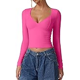 QINSEN Women's Long Sleeve V Neck T Shirts Double Lined Crop Top Seamed Cup Going Out Tops