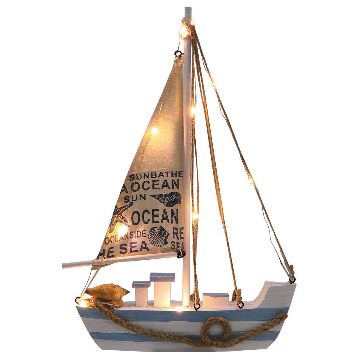 Homoyoyo LED Wooden Sailing Boat Model,Mediterranean Wooden Sailboat Decorations for Bedroom Home Office Ornament