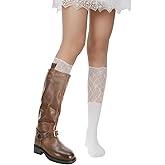 HekouJiub Lace Knee High Socks White Tall Boot Socks Y2k Knee High White Sock Lolita Boot Stocking for Women