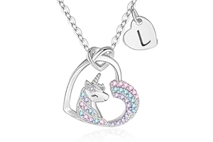FLNEOO Unicorn Gifts for Girls Necklace Decorations - Unicorn Necklace Birthday Personalized Gifts for Girls Heart Pendant Rainbow Initial CZ Necklace Classic Unicorns Jewelry Gifts for Girls Fashion