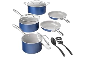 Granitestone Blue 10 Piece Nonstick Cookware Set - Pots, Pans, and Kitchen Sets - Ceramic, Dishwasher Safe