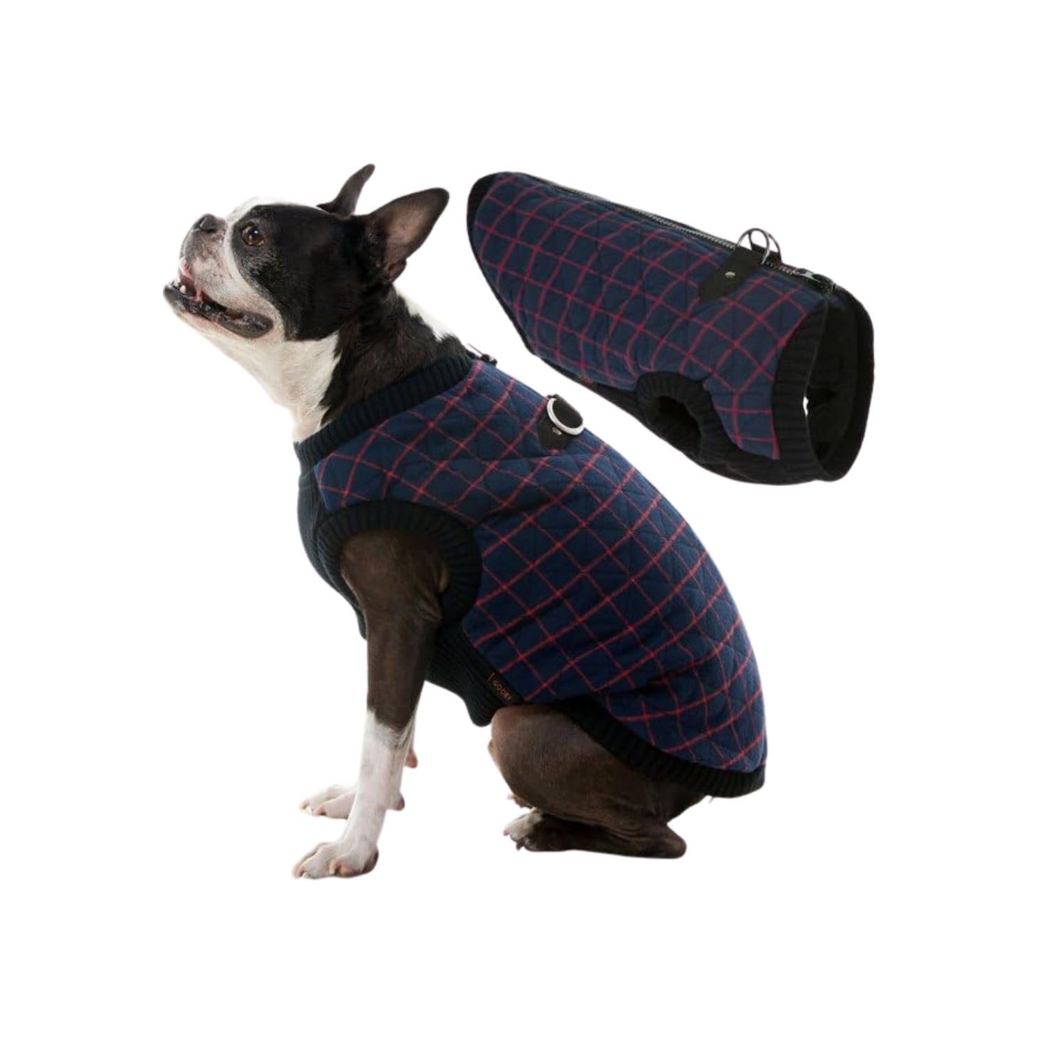 Gooby Fashion Vest Check Jacket - Navy Check, Medium - Warm Zip Up Bomber Vest With Dual D Ring Leash - Winter Water Resistant Small Dog Sweater - Clothes for Small or Medium Dogs