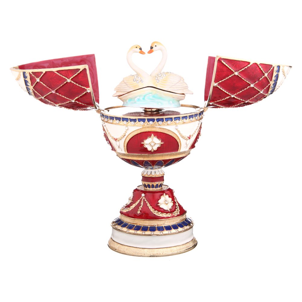 danila-souvenirs Glamorous Style Easter Egg Music Box Trinket Jewel Box with Two Swans 17 cm red