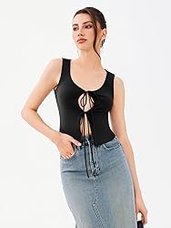 REORIA U-Neck Adjustable Tie-Front Crop Tank Top