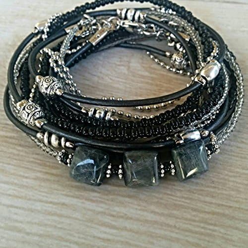 Black, Silver and Gray Beaded Wrap Bracelet with Eagle Eye Gemstone Beads