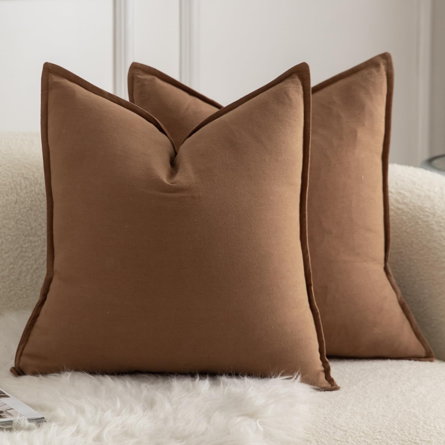 Mandioo Pack of 2 Neutral cotton Cushion Covers 55x55 cm 22x22 inch Solid Decorative Couch Throw Pillowcase Boho Farmhouse Home Decor for Sofa Living Room Bed Bedroom Brown