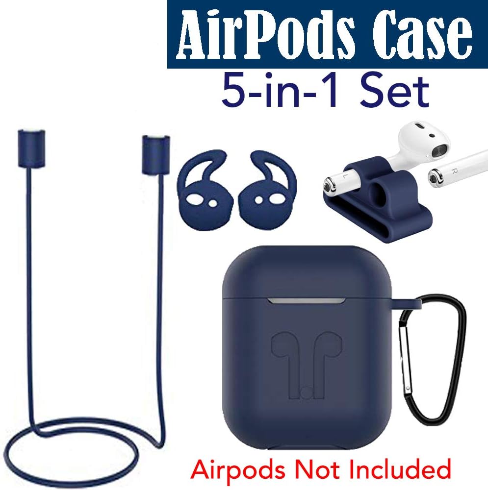 Amozo - Silicon Soft Shock Proof Protective Case 5-in-1 Set Sleeve Skin Cover with Anti Lost Strap + Keychain + Earplug + Strap Holder for Apple AirPods Case Cover (Blue)