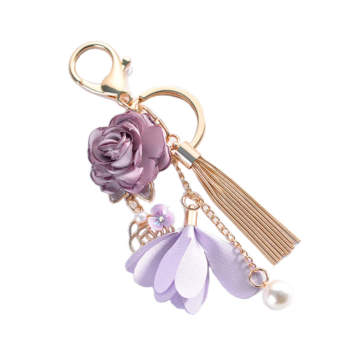 ZOONAI Flower Tassel Keychain Pearl Car Keyring Holder Purse Handbag Pendant (Purple)