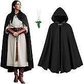 Renaissance Cloak Women, medieval costume Long Cloak with hood and Green Leaf Brooch Necklace for Halloween Party.