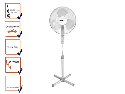 Perel TV76502 Standventilator, 40 cm Ventilator Durchmesser, 1.1 m-1.45 m Verstellbare Höhe, 230 VAC 50 Hz, 45W