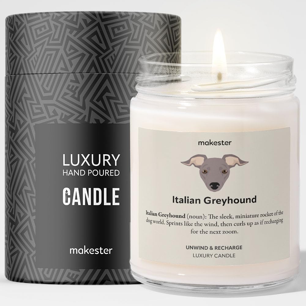 Italian Greyhound Gifts - Luxury Soy Wax Candle - Vanilla, Jasmine, Sugared Almond - Makester