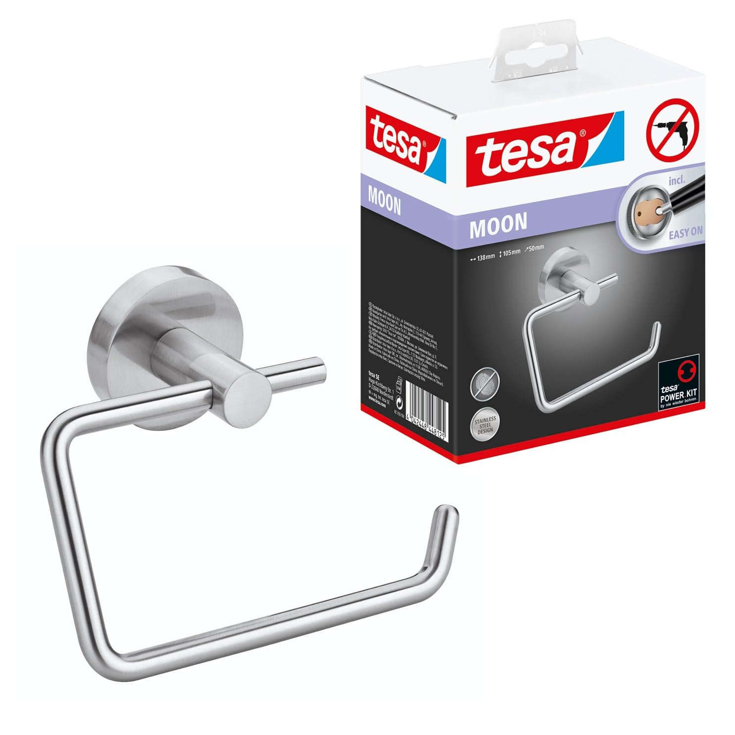 tesa MOON Toilet Paper Holder - No Drill Chrome Plated Metal Toilet Roll Holder without Lid for Bathrooms and Guest Toilets - Includes Removable Glue Solution