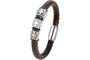 CaptainSteeL Bracelet for men-Leather Stainless Steel Black/Brown Braided Chain,Braided Leather Mens Bracelet 7.5/8.5/9in