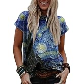 Starry Sky Night Oil Painting Women's Shirt Novelty Flower Graphic Tee with Vintage Short Sleeves for Art Lovers