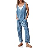 PLNOTME Women's Denim Overall Jumpsuits Sleeveless V Neck Adjustable Straps Jeans Long Pants Rompers