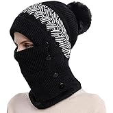 Malaxlx Womens Winter Beanie Hat Scarf Mask Set — Fleece Lined Knit Pom Pom Hat with Hooded Scarf Neck Warmer