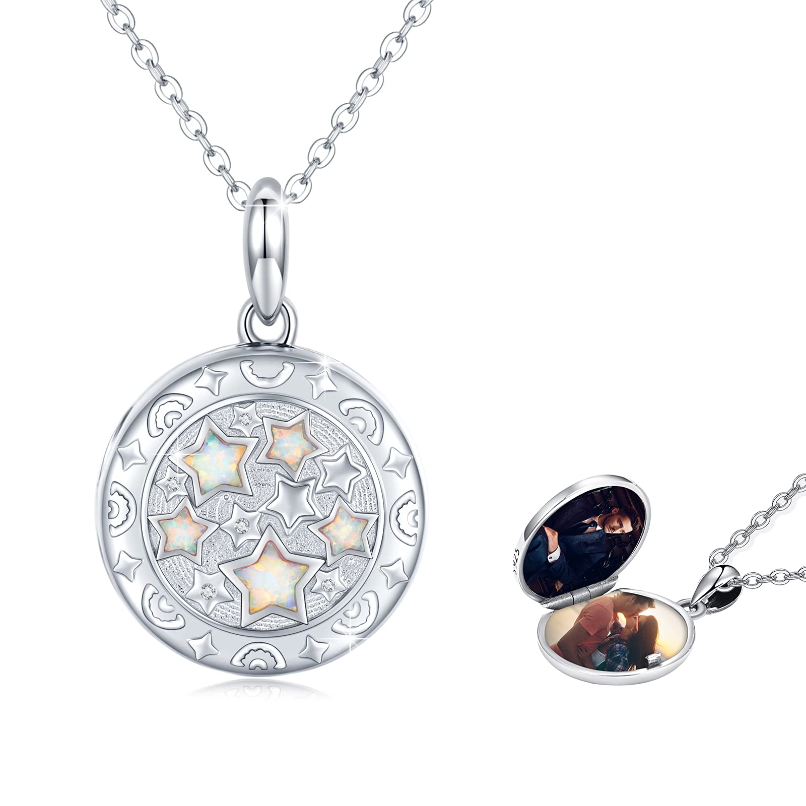 JFASHOP Star Locket Necklace 925 Sterling Silver Star Opal Photo Pendant Necklaces that Holds Pictures Family Lockets Opal Jewellery Gifts Valentines for Women Girls Mum