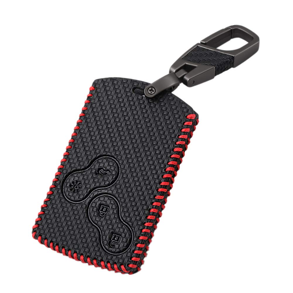 Happyit Carbon Fiber Style Leather Car Key Cover Cases keychain for Renault Clio Scenic Megane Duster Sandero Captur Twingo koleos 4 Buttons (Red line)