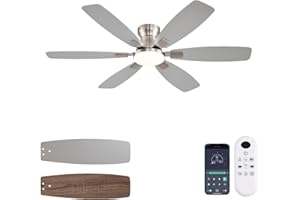 Ayaoty Ceiling Fans with Lights, 52 Inch Low Profile Ceiling Fan with Light and Remote Control, Flush Mount, Reversible, 3CCT, Dimmable, Quiet, Nickel Ceiling Fan for Bedroom Indoor/Outdoor Use