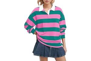 RWNHAA Women Striped Polo Shirt Oversized Long Sleeve Button Collared Pullover Y2K Jersey Sweater Loose Rugby Sweatshirt