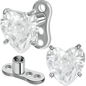 SHBESHCD 2 PCS 14G Cubic Zirconia Heart Dermal Anchor Tops and Base F136 Titanium CZ Microdermals Surface Skin Piercings Body