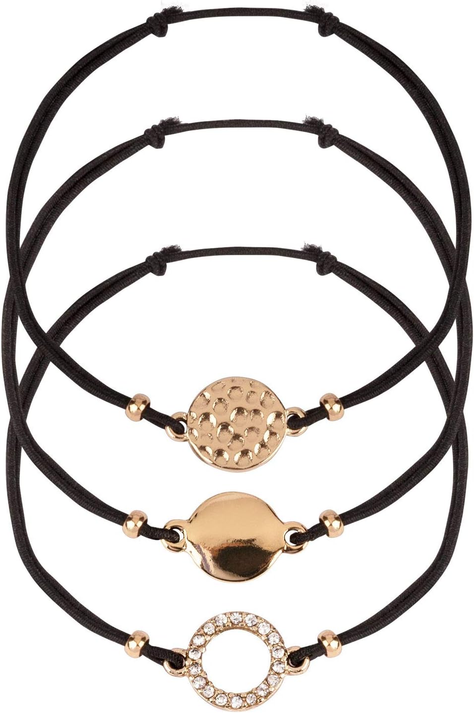 3 pc. of Ladies arm Jewellery, Bracelets, Bracelets, Textile, Pendant, Circle, platelets, Black, Gold Coloured (748-744)