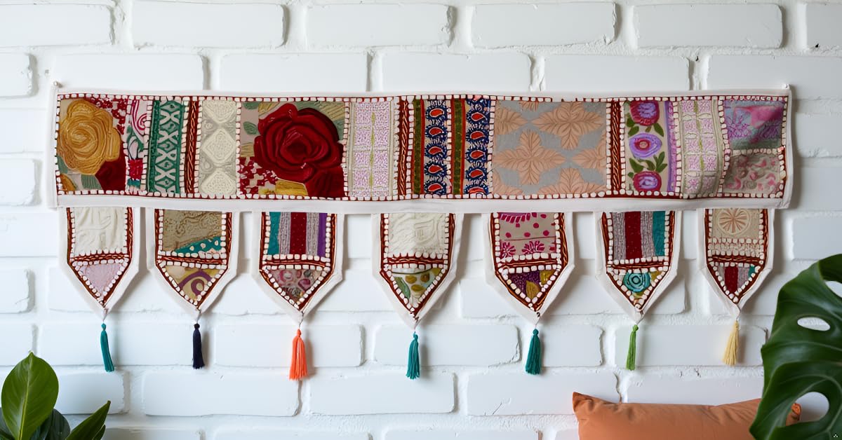 Indian Handmade Traditional Embroidered Toran Cotton Thoranam Door Living Room Decor Bandanwar Home Valance Decorations Window Hanging Bohemian Wall Ethnic Decorative Vintage (Off White, 1 mtr)