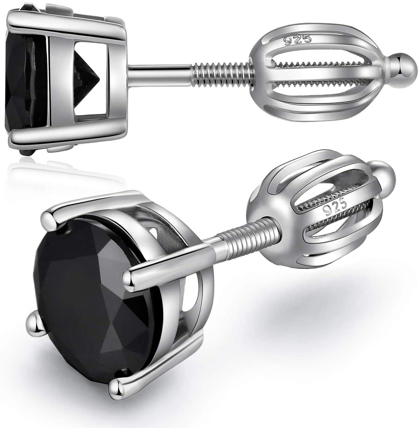 Black Earrings Men Women Stud Earrings Cz Cubic Zirconia 925 Sterling Silver Screw Earrings 7mm