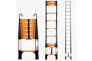 BOWEITI 15.5FT Telescoping Ladder, Portable Aluminum Extension Ladder w/Stabilizers, Lightweight Compact Telescopic Ladder 330lbs Capacity, Extension Ladder for Home, Outdoor (15.5FT,Orange)