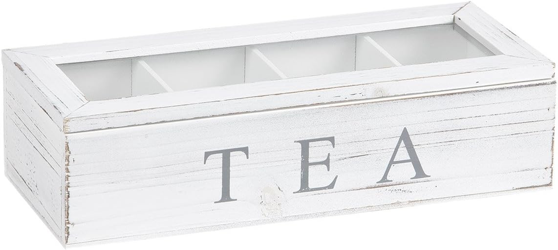 White Tea Box Tea Tray Oblong Tea Box with 4 Compartments Glass Lid