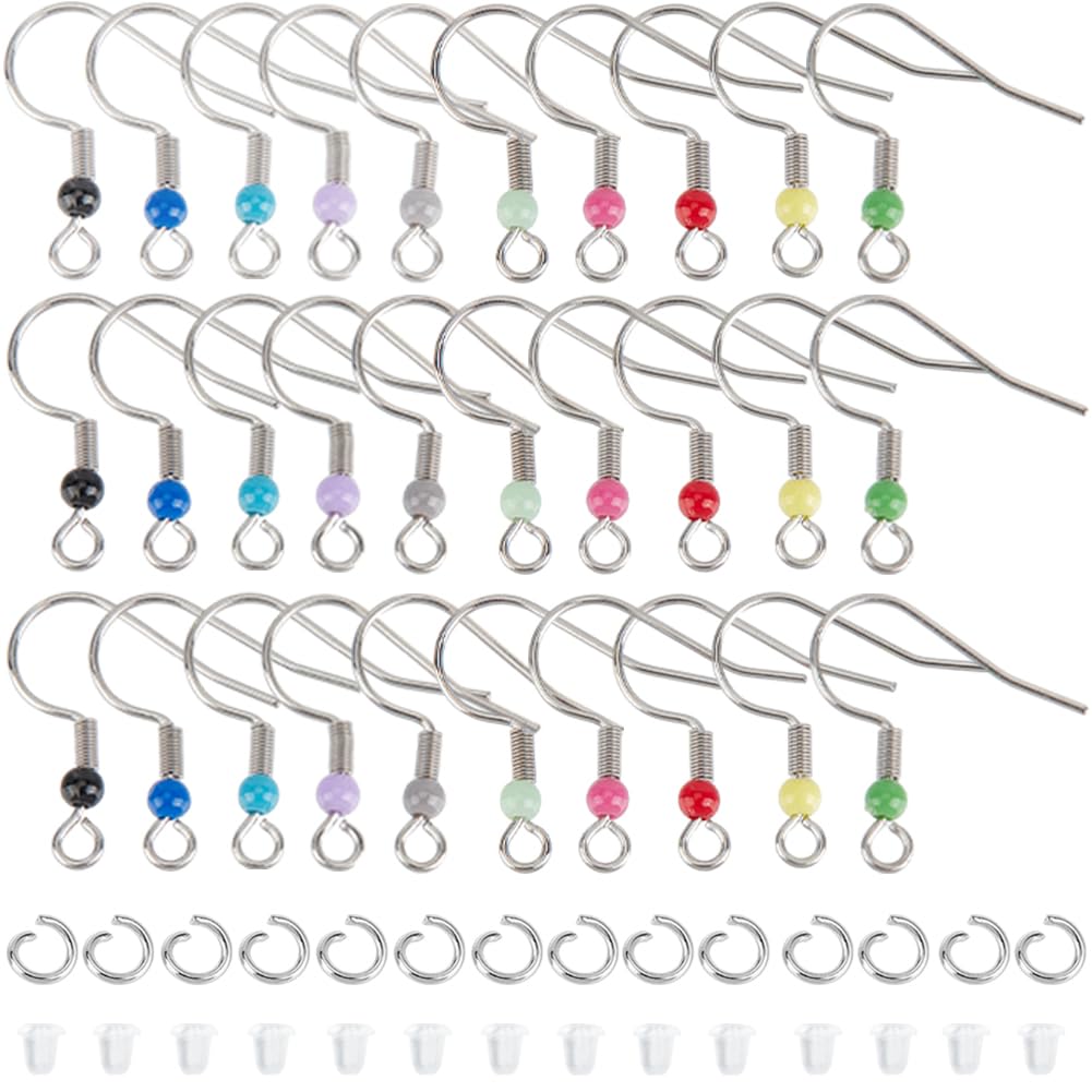 SOFPLATE 1 Box 200Pcs Silver Earring Hooks Stainless Steel Earring Findings Bulk French Fish Hook Earring Wires with Ear Nuts and Jump Rings Ball Dot Colorful Ear Wires for jewellery Making Supplies D
