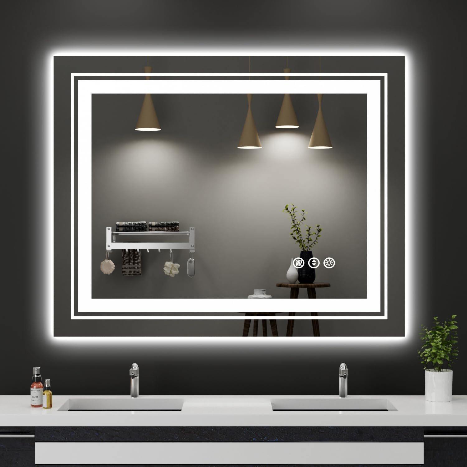 Snowdool 39x31 LED Bathroom Mirror with Front and Backlight, Dimmable Lighted Bathroom Vanity Mirror with Anti-Fog, Memory Function,Tempered Glass(Horizontal/Vertical) Image