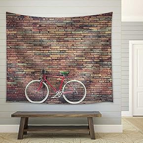 Retro Bicycle on Roadside with Vintage Brick Wall Background - Fabric Wall Tapestry Home Decor - 51x60 inches