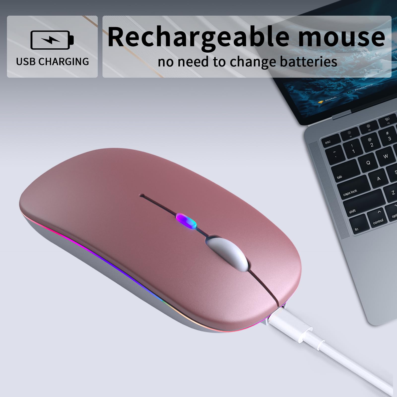 KANMABPC Wireless Bluetooth Mouse – Rechargeable, Silent, Dual Mode (Bluetooth 5.2 & USB) with LED Lights – Portable for Laptop, Desktop, & Tablet(Rose Gold)