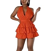 hibshaby Women's Halter Deep V Neck Boho Romper Backless Ruffle Sexy Mini Dress Short Jumpsuit