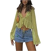 GORGLITTER Women's Tie Front Ruffle Sheer Blouse Dressy Long Sleeve Low Cut Going Out Crop Tops