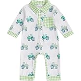 Newborn Baby Boy Fall Outfit Tractor Print Long Sleeve Romper Polo Bodysuit Plaid Jumpsuit Farm Country Clothes