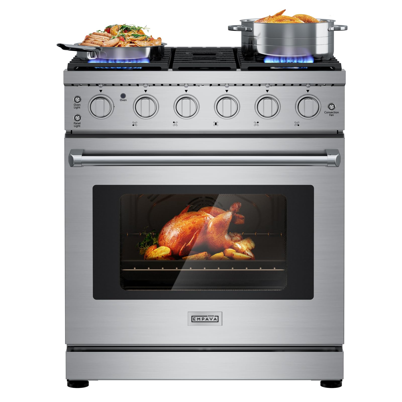 Empava 30″ Slide-In Freestanding Gas Range with 5 Sealed Burners, Cast Iron Grates and 4.55 cu. ft. Convection Oven with Mechanical Knobs Control in Stainless Steel