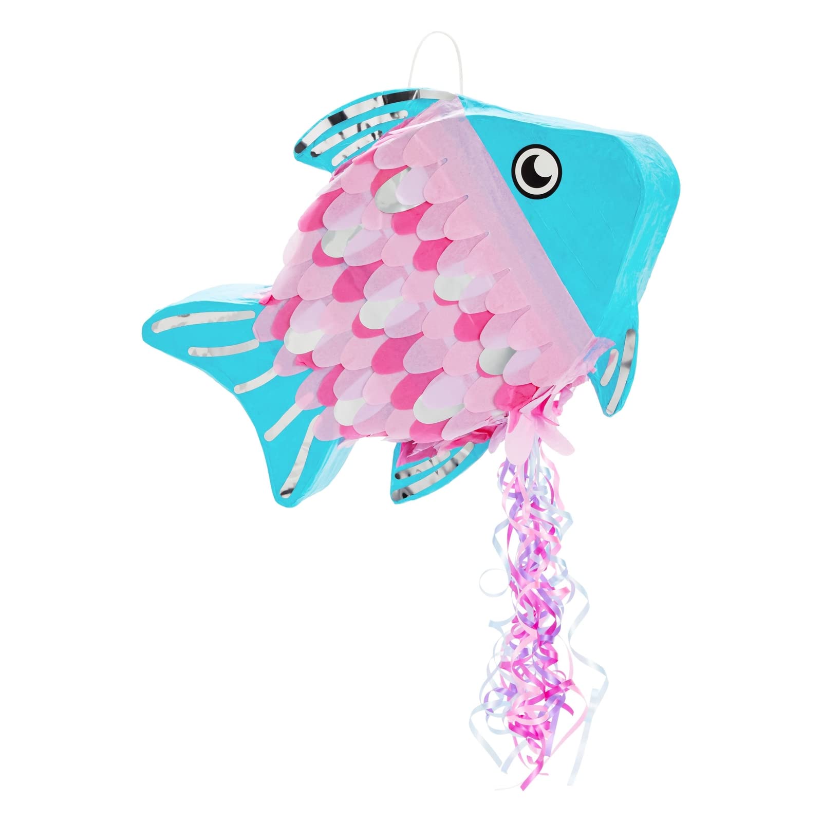 BLUE PANDA Pull String Fish Pinata for Girls, Ocean, & Mermaid Theme Birthday - Under the Sea Party Decorations - Silver, Pink, & Blue Fish Pinata (Small, 17 x 13 x 3 inch)