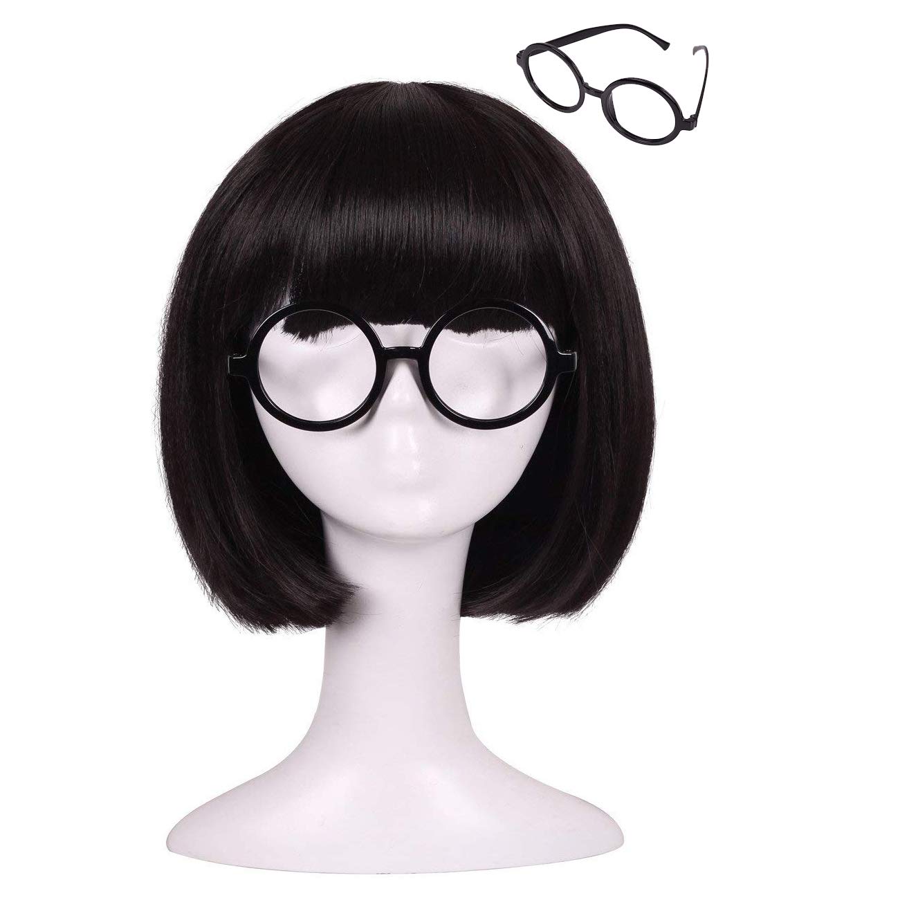 Photo 1 of ColorGround Kids Size Short Straight Black Natural Cosplay Wig with Glasses frame