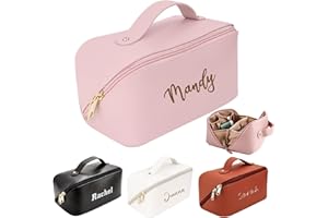 Personalized Large Capacity Cosmetic Bag, Embroidered Makeup Bag with Name, Portable Waterproof PU Leather Makeup Bag, with D