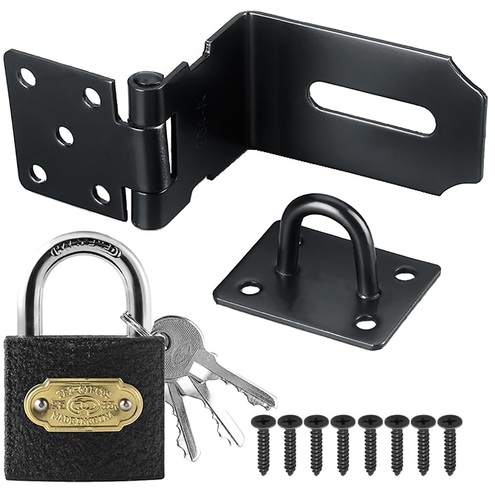 Litensh 3 Inch 90° Right Angle Stainless Steel Door Locks Hasp Latch with Padlock, Safety Packlock Clasp Hasp Lock Latch, Extra Thick Gate Lock Hasp Clasp Shed Lock for Bedroom Garage Window Black