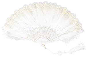 Fumwase Foldable Feather Fan Embroidered Flower Handheld Chinese Folding Fans 1920s Feather Fan Flapper Hand Fan for Costume Party Wedding Dancing Decoration (White)