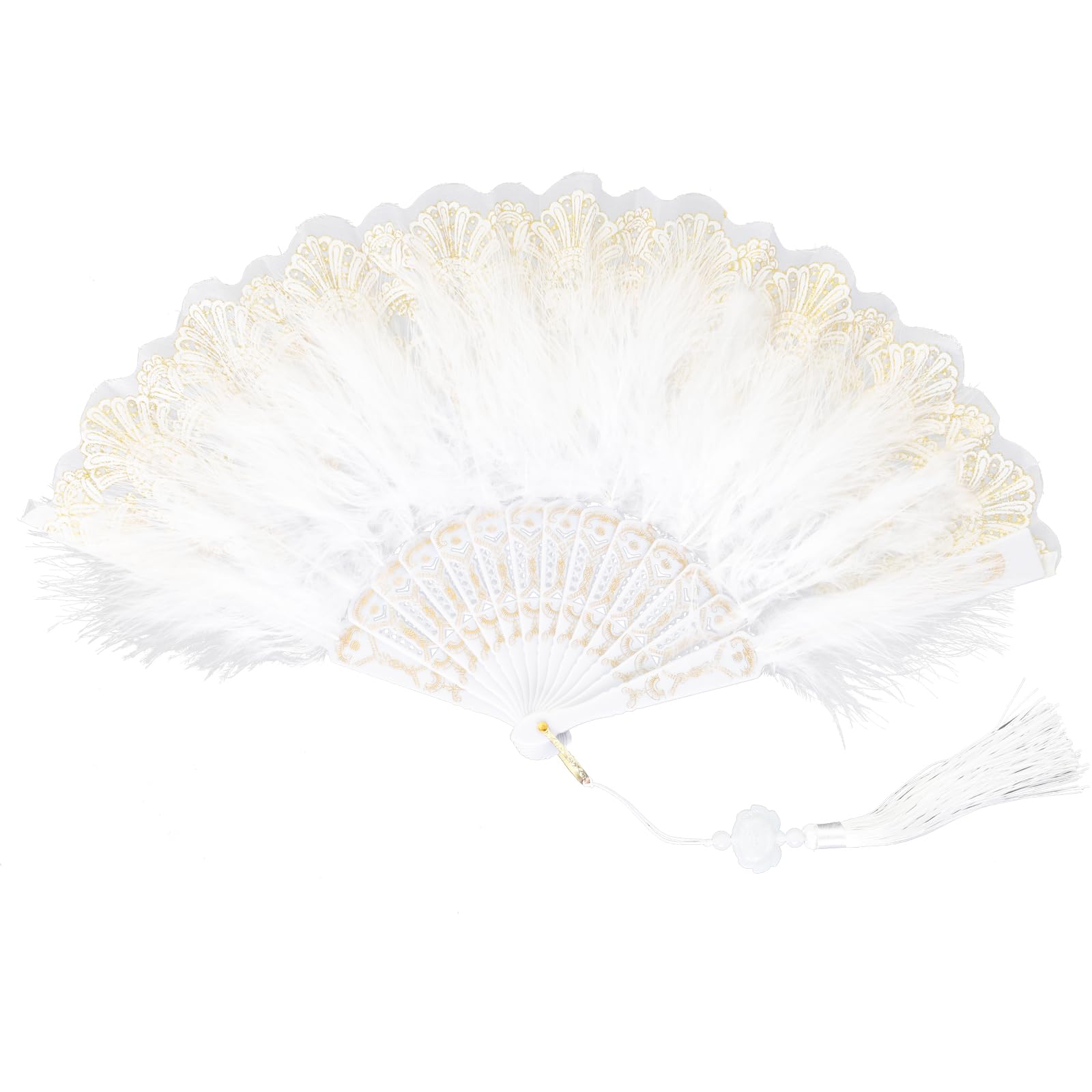 Photo 1 of Fumwase Foldable Feather Fan Embroidered Flower Handheld Chinese Folding Fans 1920s Feather Fan Flapper Hand Fan for Costume Party Wedding Dancing Decoration (White)