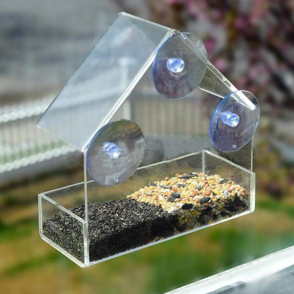 Bird Feeder with Transparent Window, Acrylic Glass Bird Feeder with 3 Suction Cups, Transparent Bird House, Squirrel Proof Window Bird Feeder for Wild Birds (White)