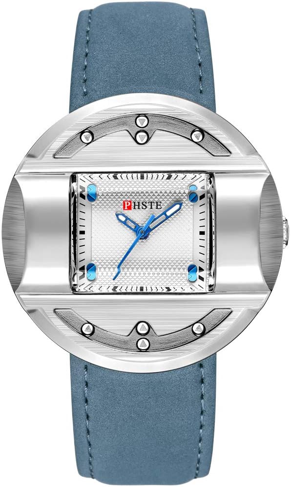 PHSTE Men's Unique Analog Quartz Watch with 3D Square Dial Genuine Leather Band Waterproof Wrist Watches